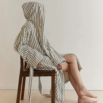 Plush Striped Long-Staple Cotton Hooded Robe