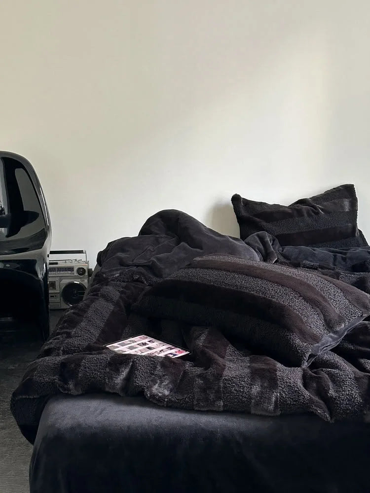 RoomDen Plush Wide Striped Flannel Fleece Bedding Set in Midnight Black - Grunge Style