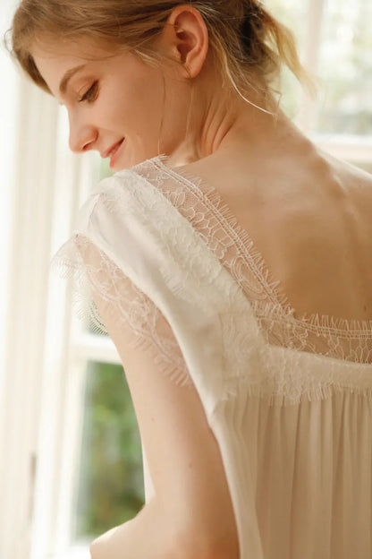 Model wearing White Cotton Sateen Sleep Dress showing lace shoulder detail - RoomDen