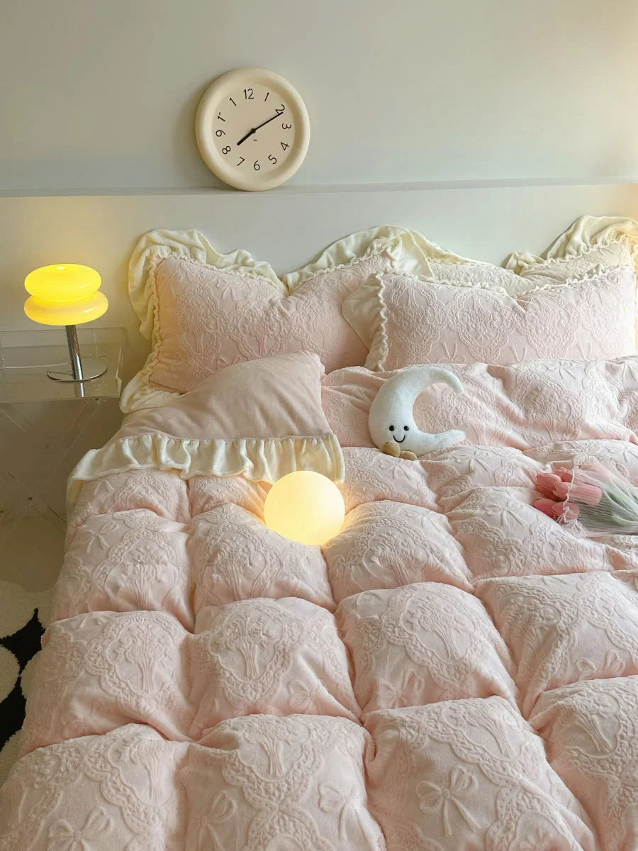 Close-up of the Pastel Pink ruffled pillowcases and duvet cover with a moon plushie, showing the coquette style - RoomDen.