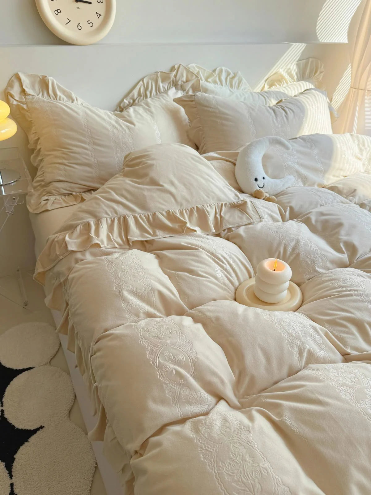 Plush Ruffled Jacquard Velvet Bedding Set in Creamy Beige, styled for a soft, neutral look. - RoomDen