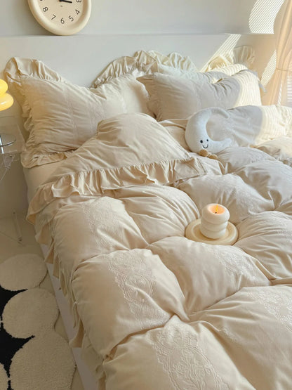 Plush Ruffled Jacquard Velvet Bedding Set in Creamy Beige, styled for a soft, neutral look. - RoomDen