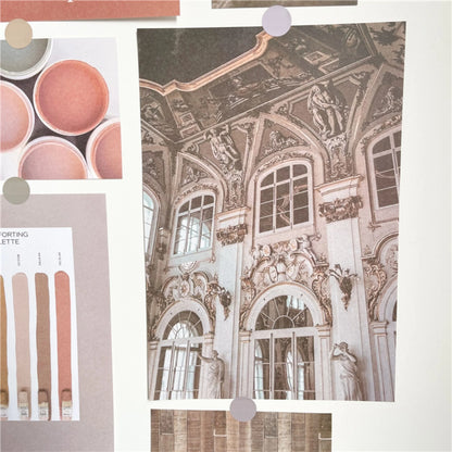 Detailed close-up of prints from the collage kit, focusing on an ornate architectural photo and color swatches.