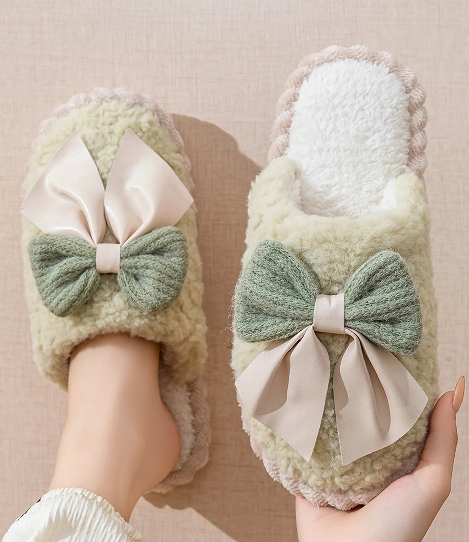 Model wearing Sage Green coquette style slippers - RoomDen