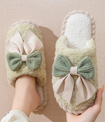 Model wearing Sage Green coquette style slippers - RoomDen