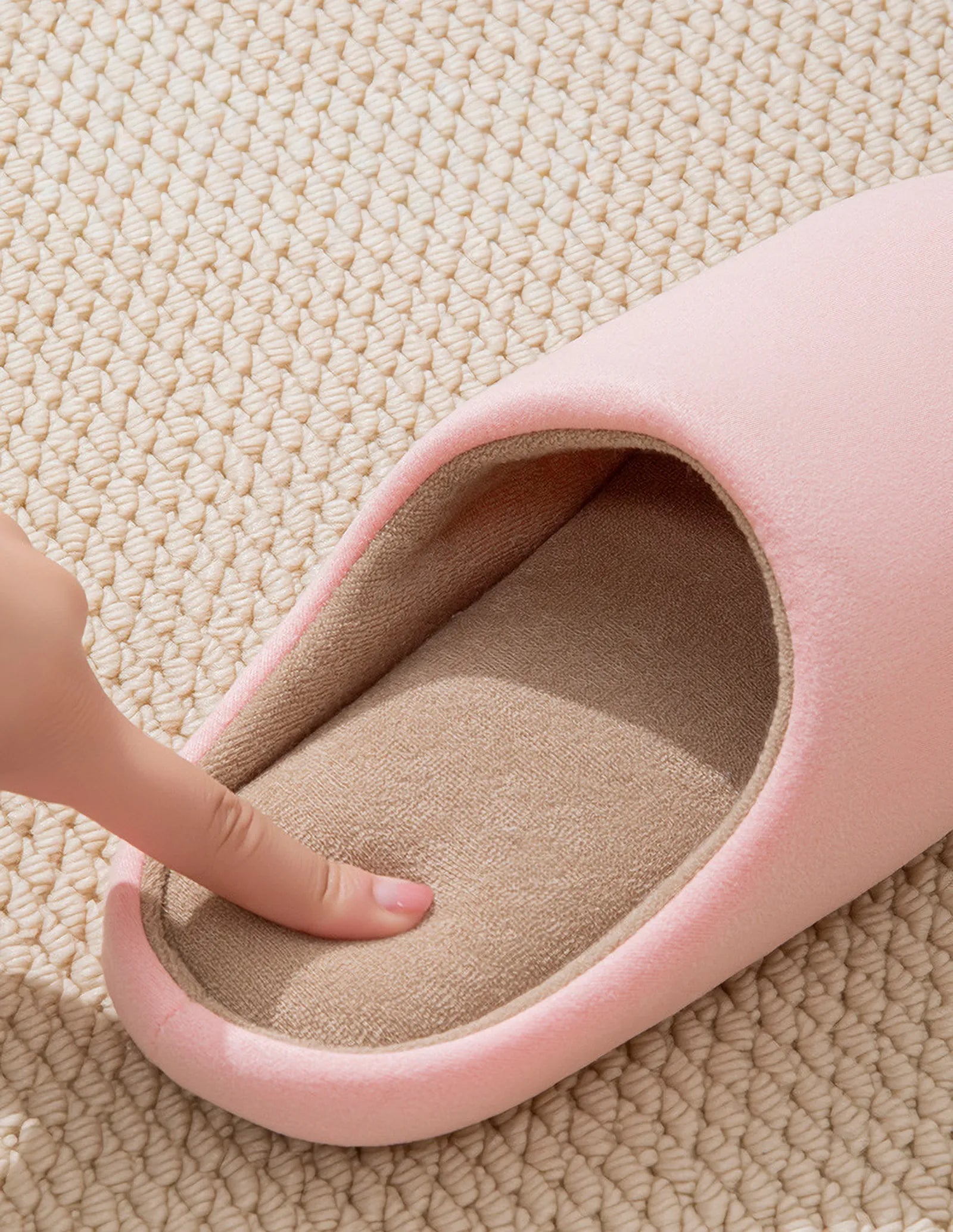 Close up detail of pink slipper plush lining and insole - RoomDen