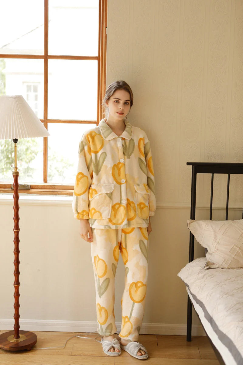 Full Length Standing Pose Wearing Beige Tulip Print Pajama Set - RoomDen