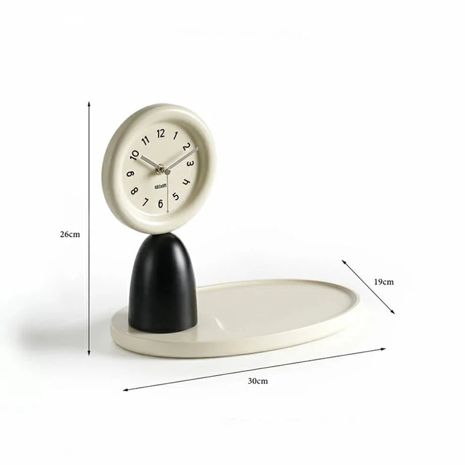 The black and beige table clock with tray showing dimensions: 30cm length, 19cm width, 26cm height. - RoomDen