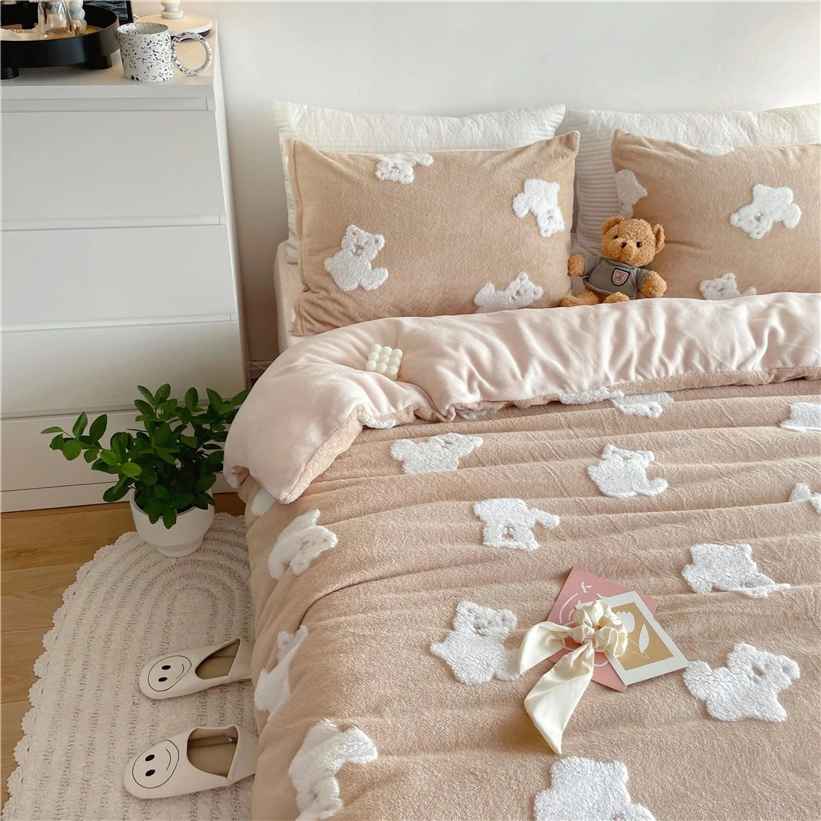 Lifestyle shot of the creamy beige teddy bear bedding set, showing its cozy and cute aesthetic. - RoomDen