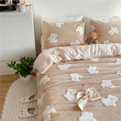 Lifestyle shot of the creamy beige teddy bear bedding set, showing its cozy and cute aesthetic. - RoomDen