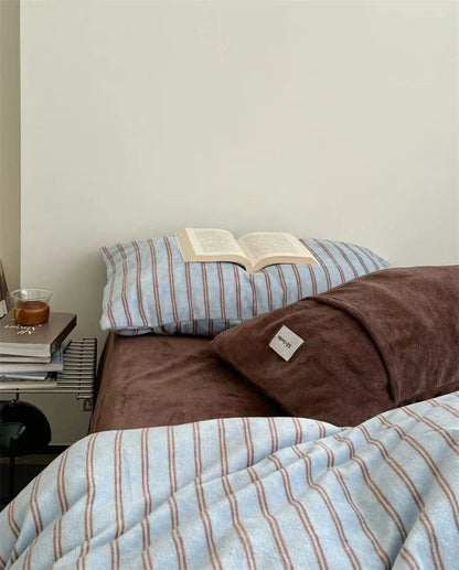 Blue and Brown Pinstripe Fleece Pillowcase and Duvet Cover Detail