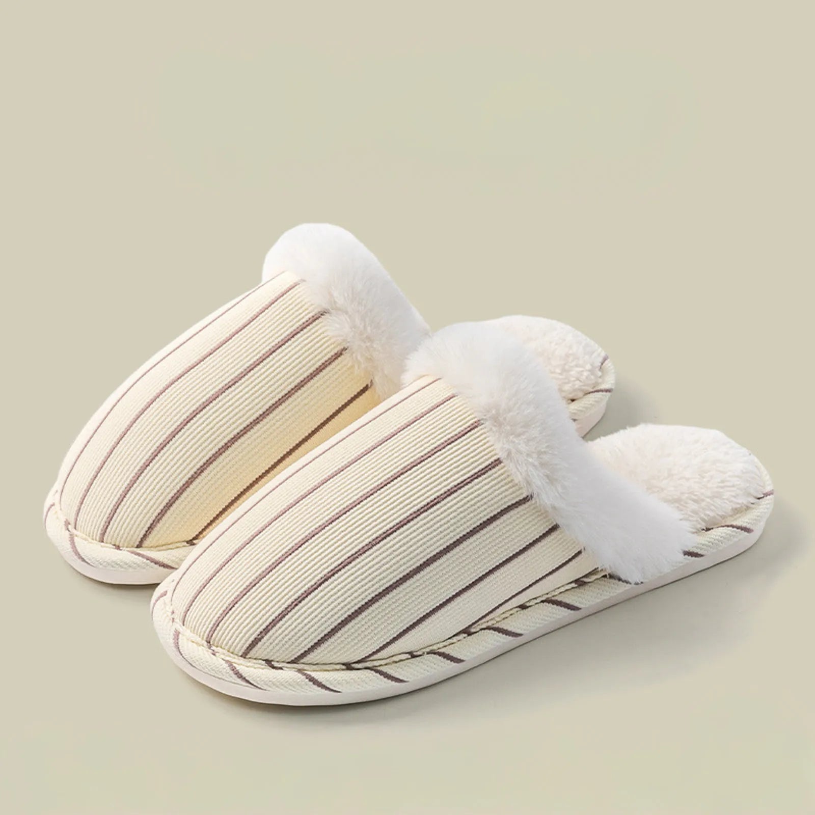 Pair of Beige and Brown striped corduroy slippers on beige background - RoomDen