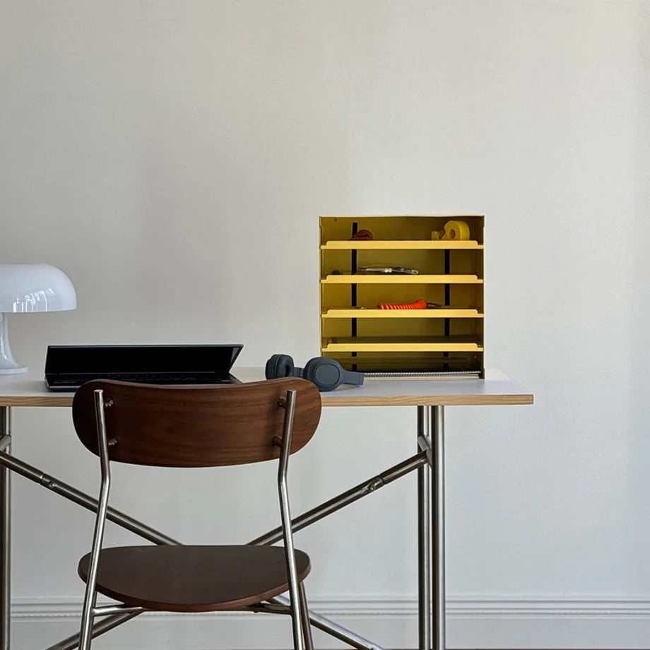 Sunny Yellow 5-tier metal file sorter in a bright, minimalist workspace setting - RoomDen.