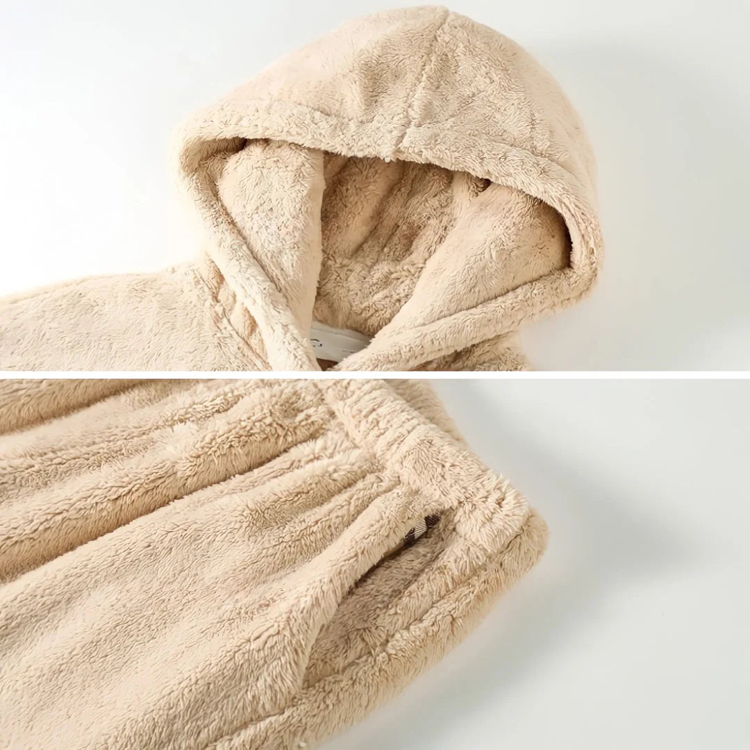 Close-up split view showing the plush hood and elastic waistband of the beige fleece pants. - RoomDen