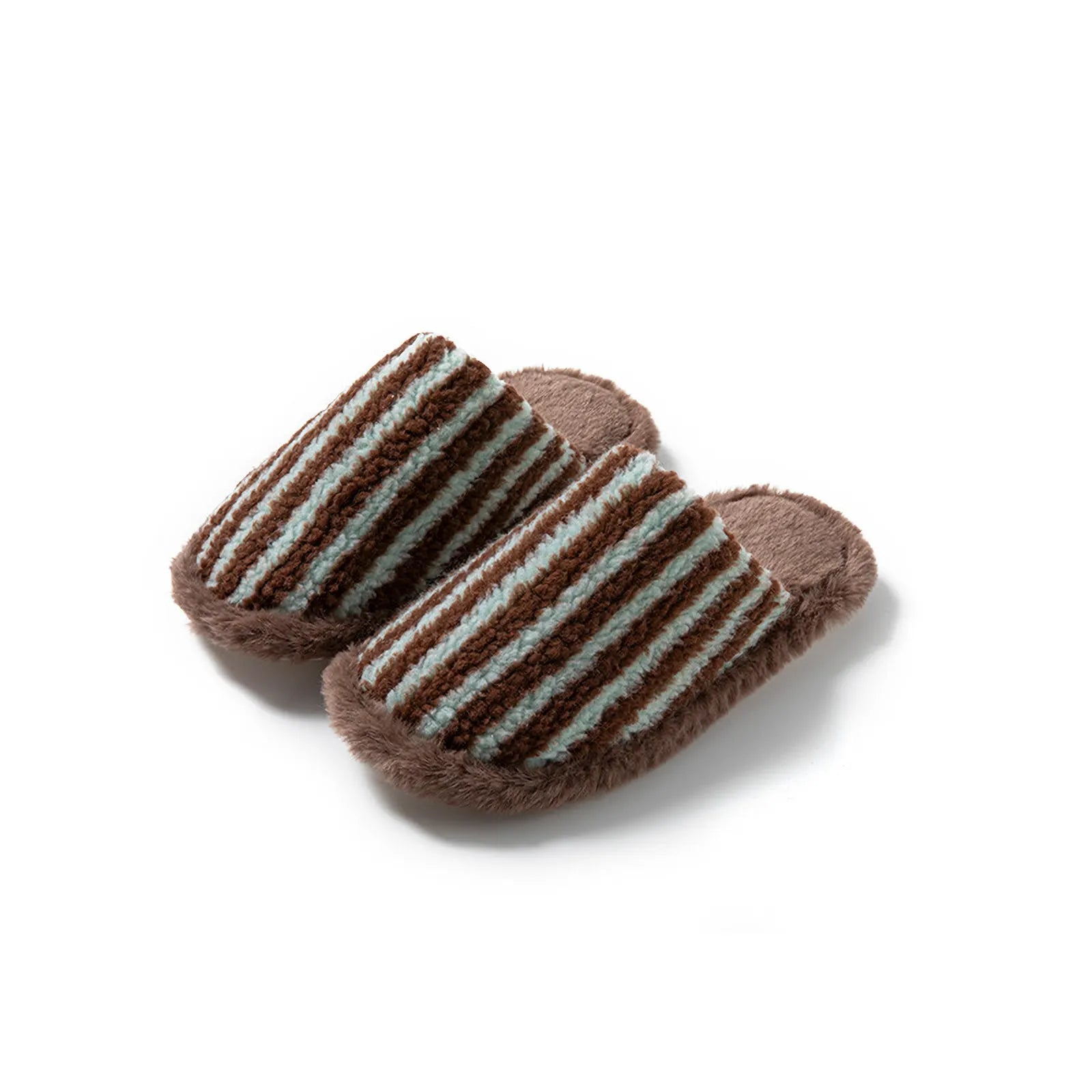 Pair of Brown and Blue striped shaggy house slippers isolated on white - RoomDen