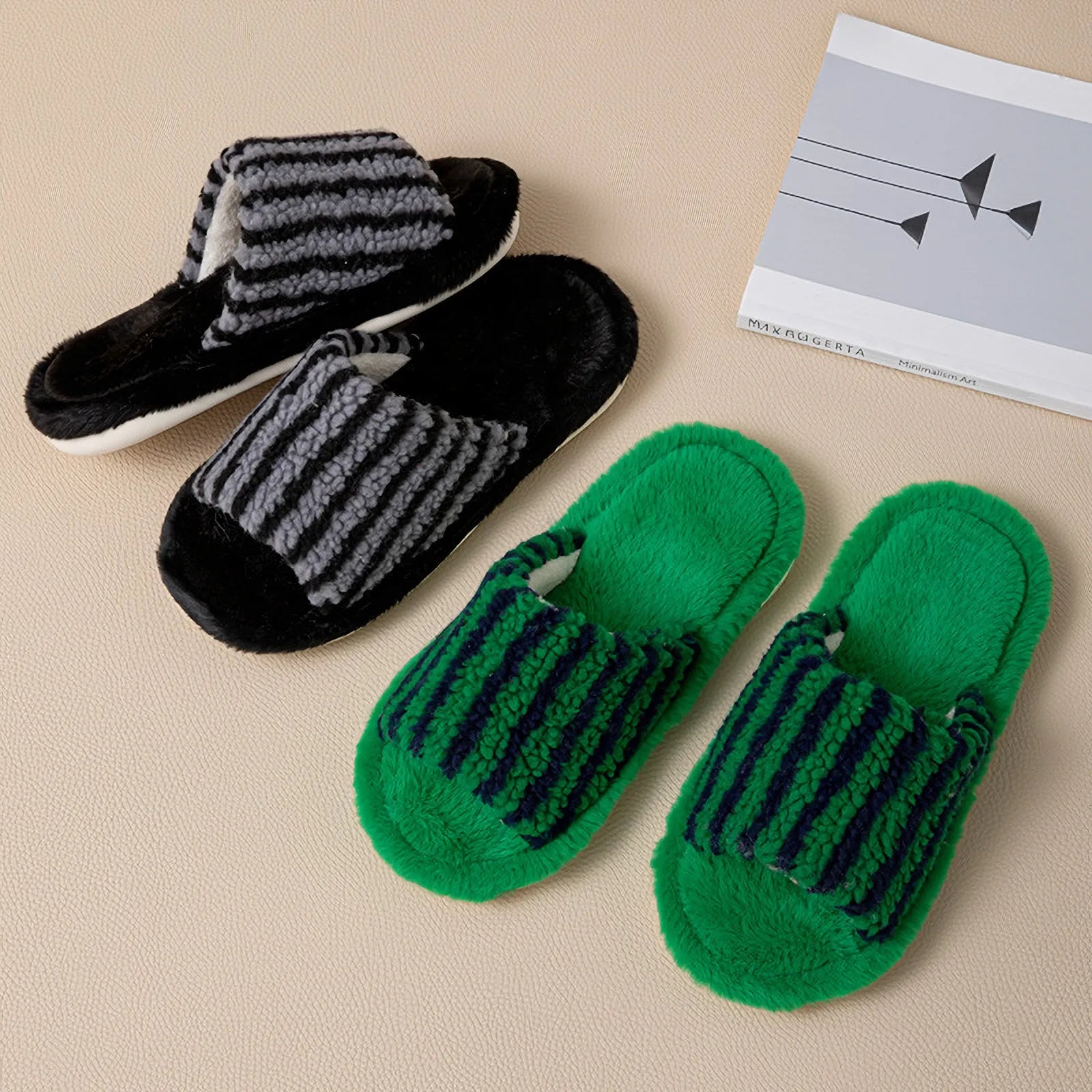 Flatlay comparison of Black/Grey and Green/Navy striped plush slippers - RoomDen