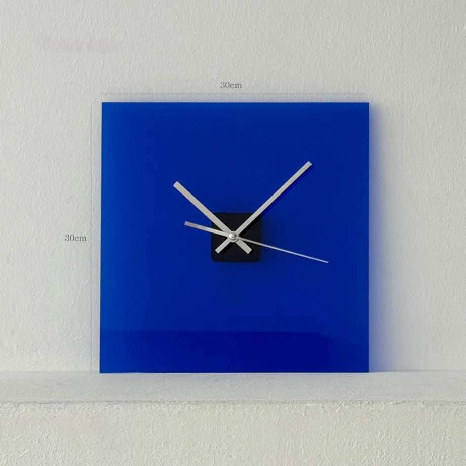 Front view of the Cobalt Blue acrylic clock with 30cm dimension markers. - RoomDen