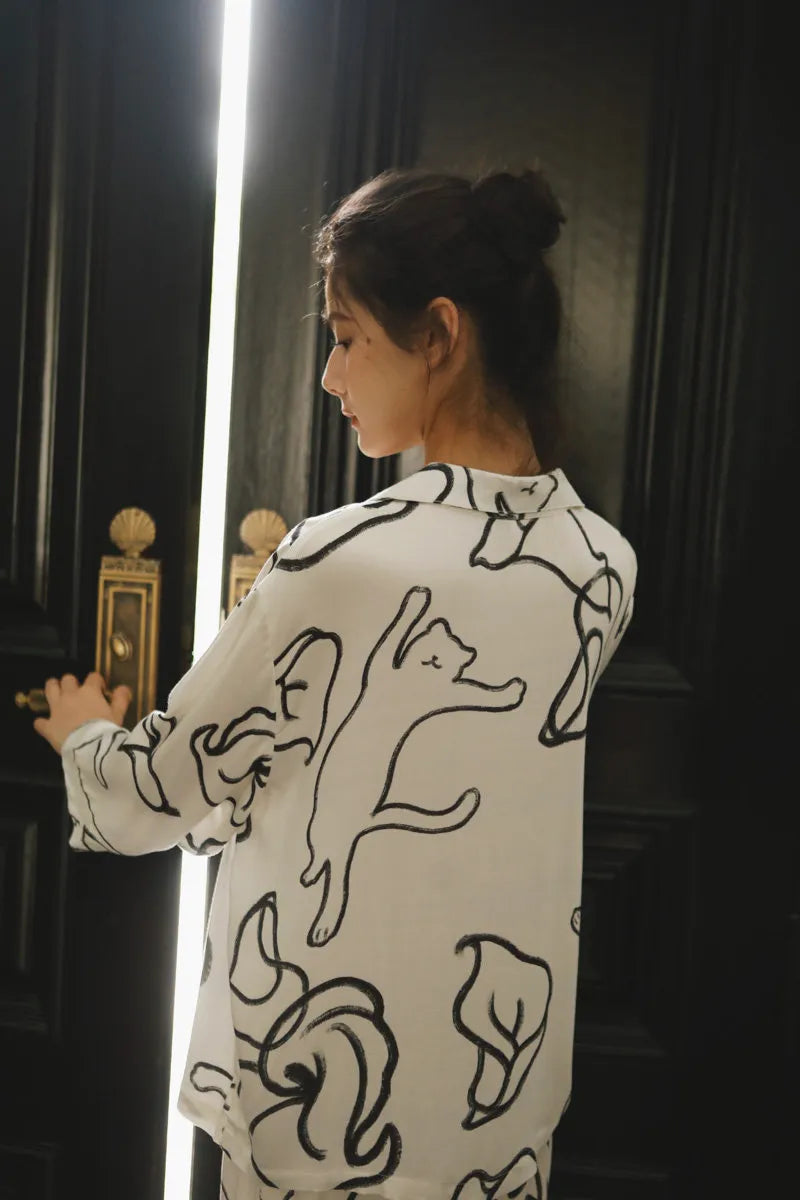 Back View of White Abstract Print Pajama Shirt