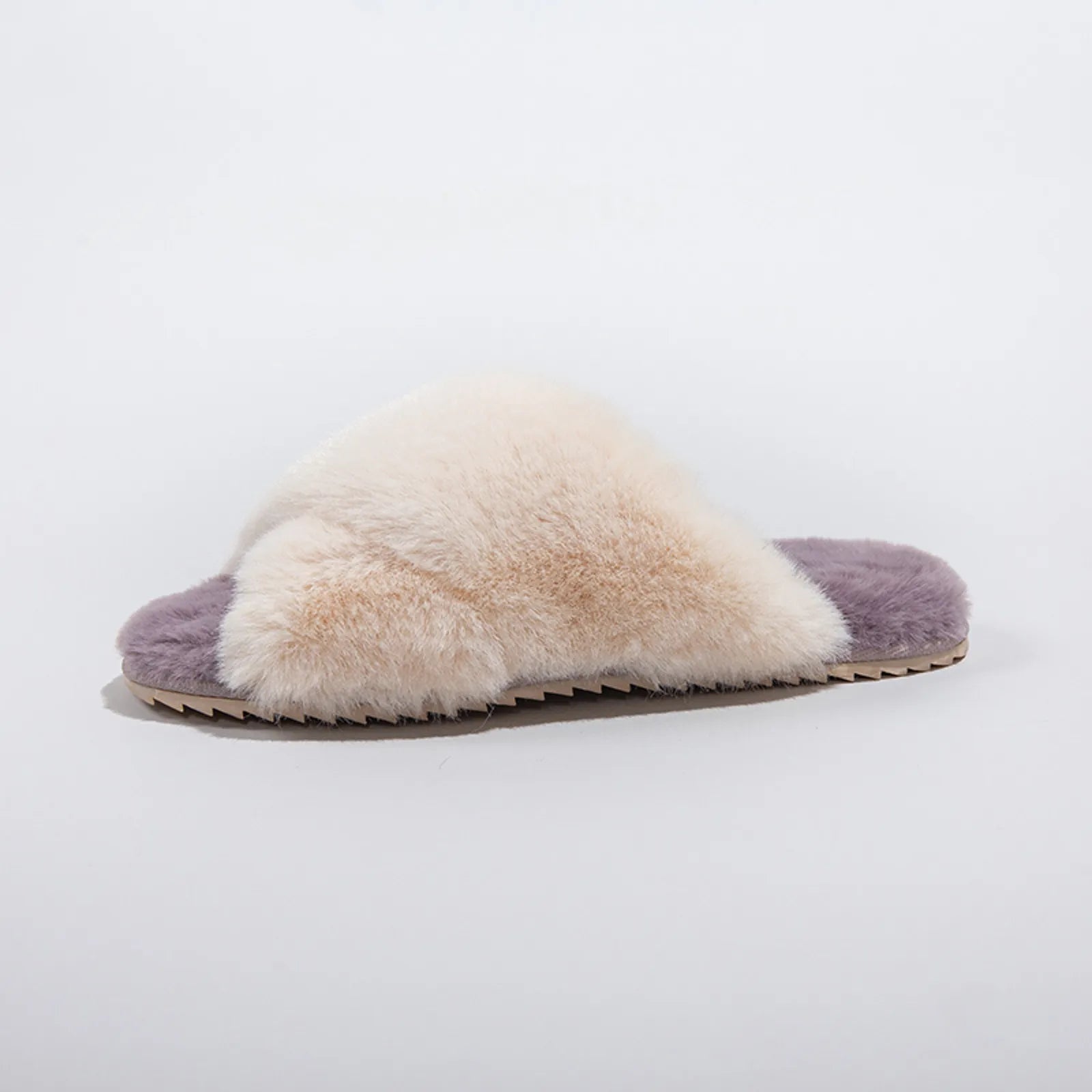 Side profile of a single Lavender Purple faux fur slipper showing texture details - RoomDen
