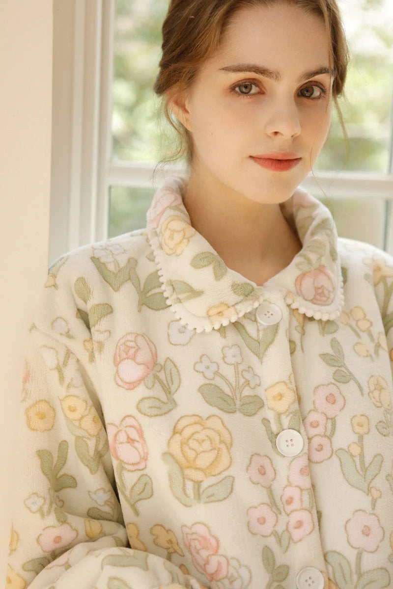Portrait of model wearing vintage style floral sleepwear - RoomDen