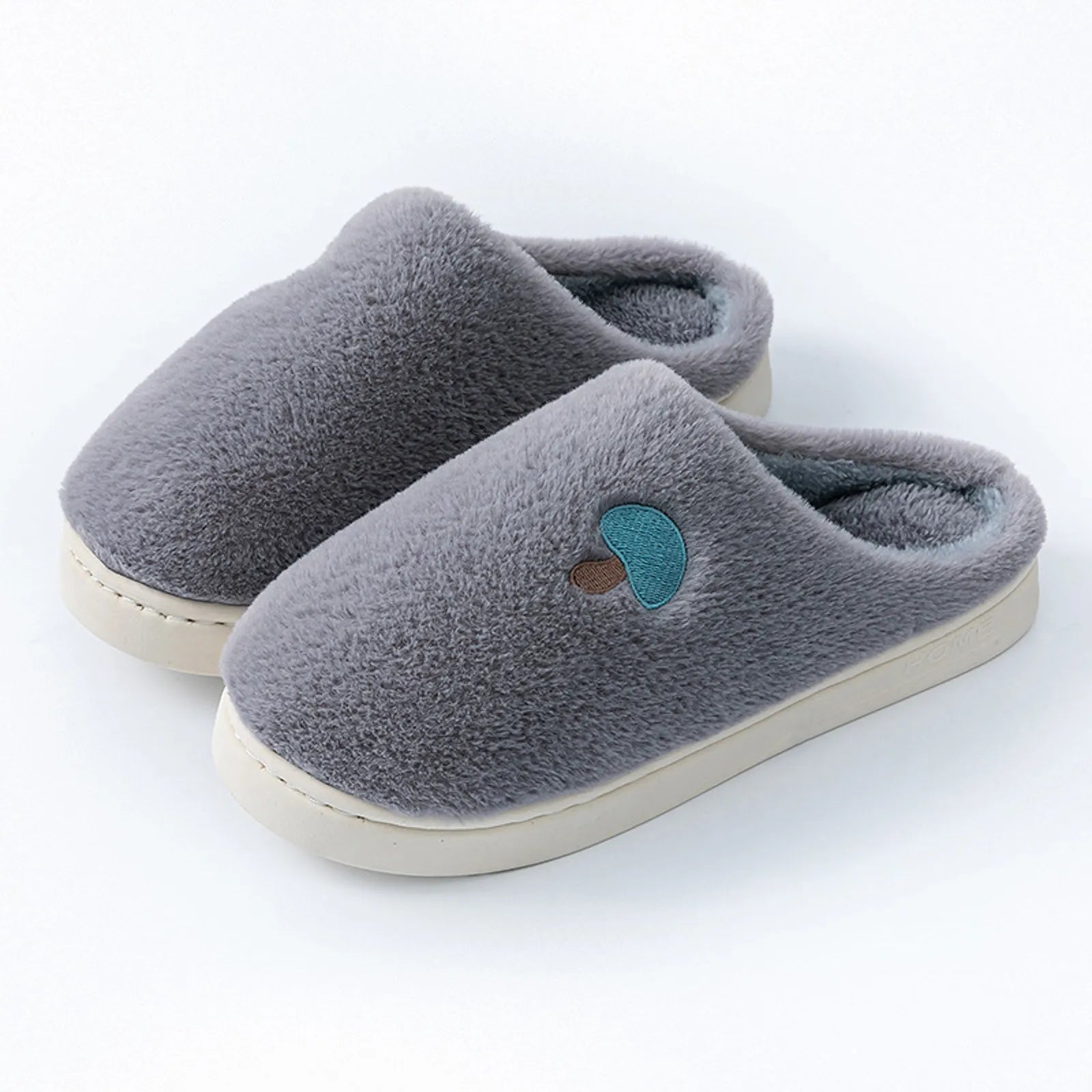 Grey Plush Mushroom Embroidered Fleece House Slippers studio shot with blue mushroom embroidery - RoomDen