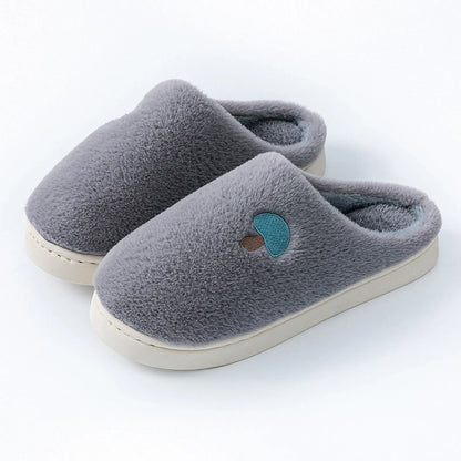 Grey Plush Mushroom Embroidered Fleece House Slippers studio shot with blue mushroom embroidery - RoomDen