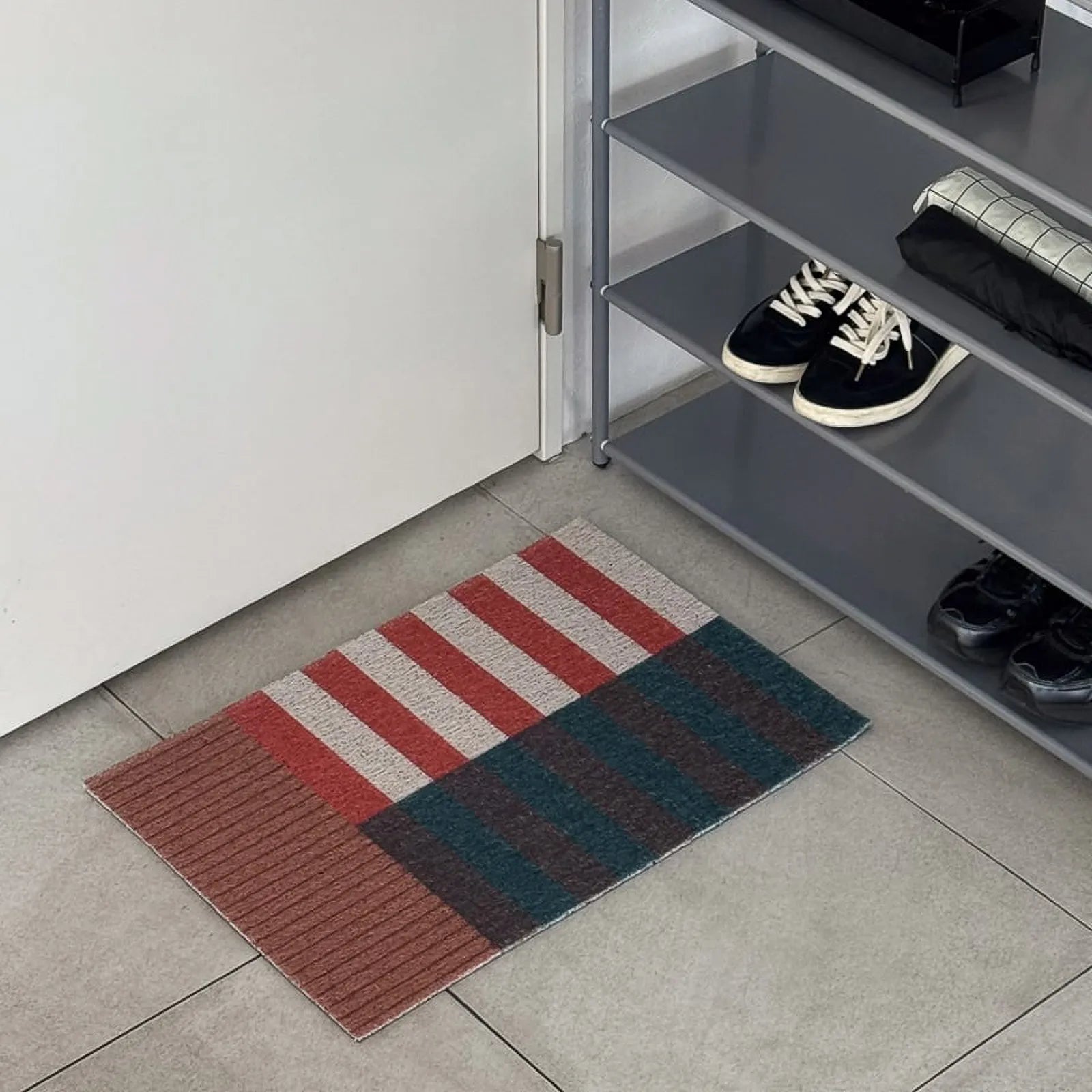 Top down view of colorful Bauhaus entry rug showing loop texture - RoomDen