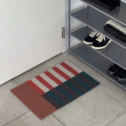 Top down view of colorful Bauhaus entry rug showing loop texture - RoomDen
