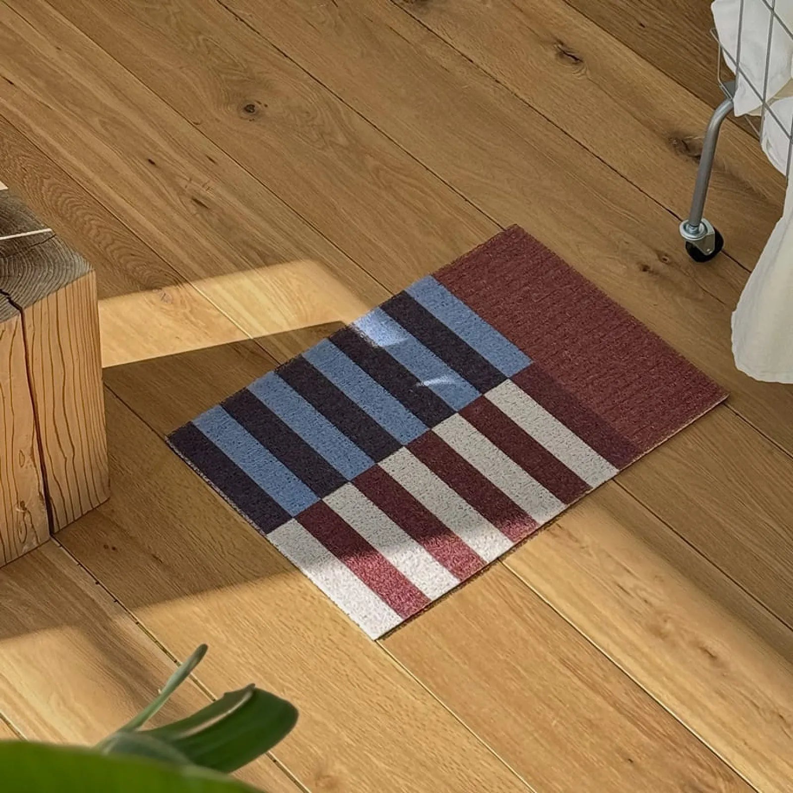Blue and burgundy striped entry rug trapping dirt near front door - RoomDen
