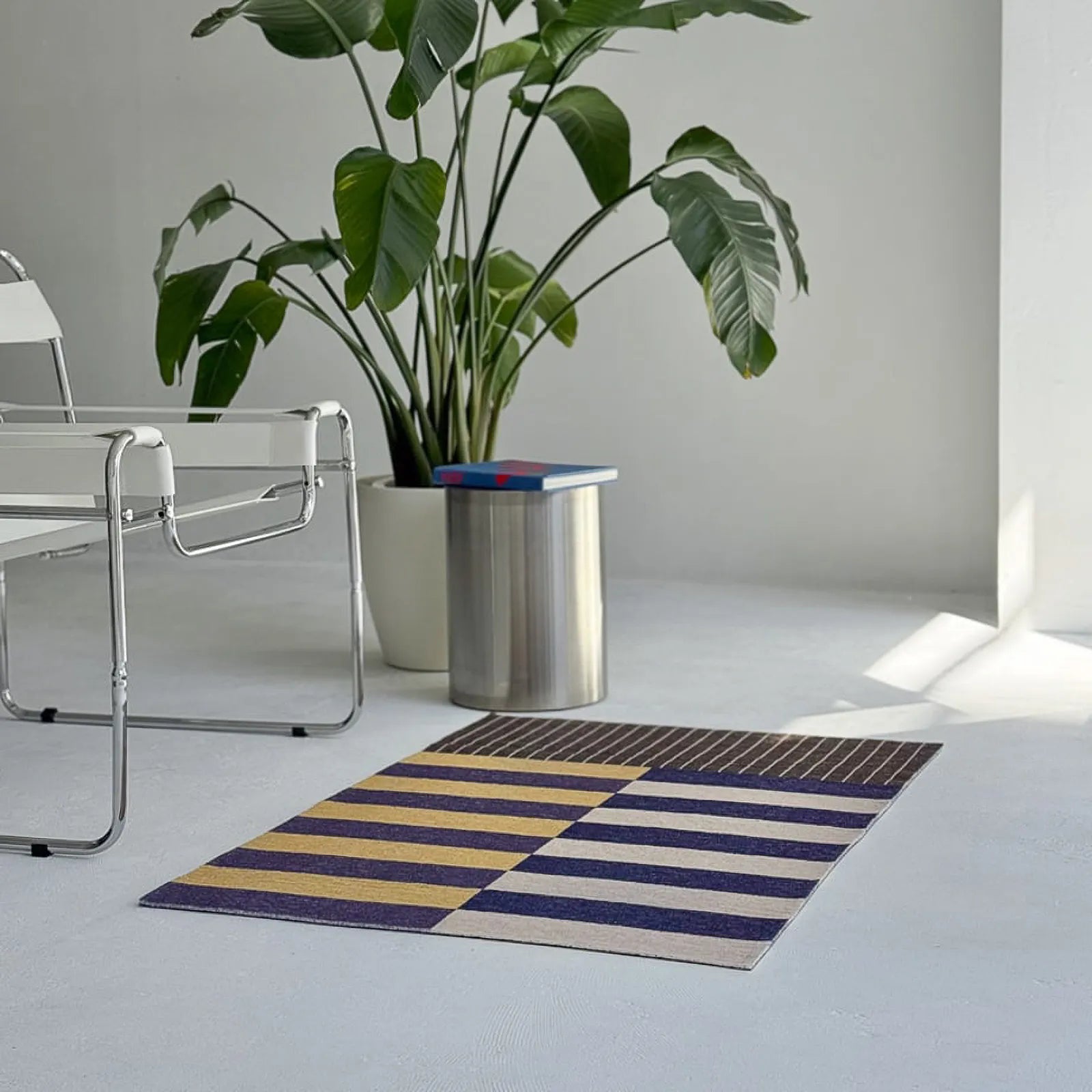 Minimalist geometric entrance rug with plant shadows in background - RoomDen