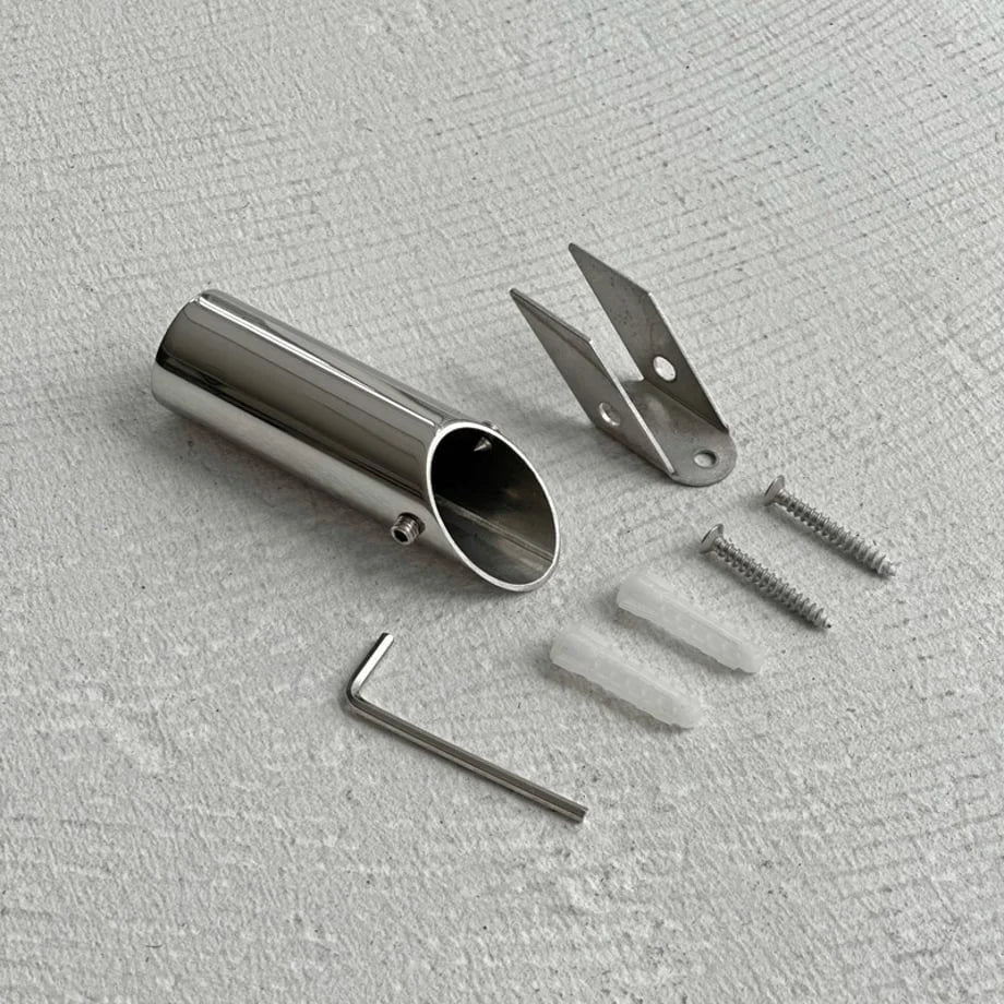 All included hardware for the metal wall hook: the hook, mounting bracket, screws, anchors, and Allen key. - RoomDen