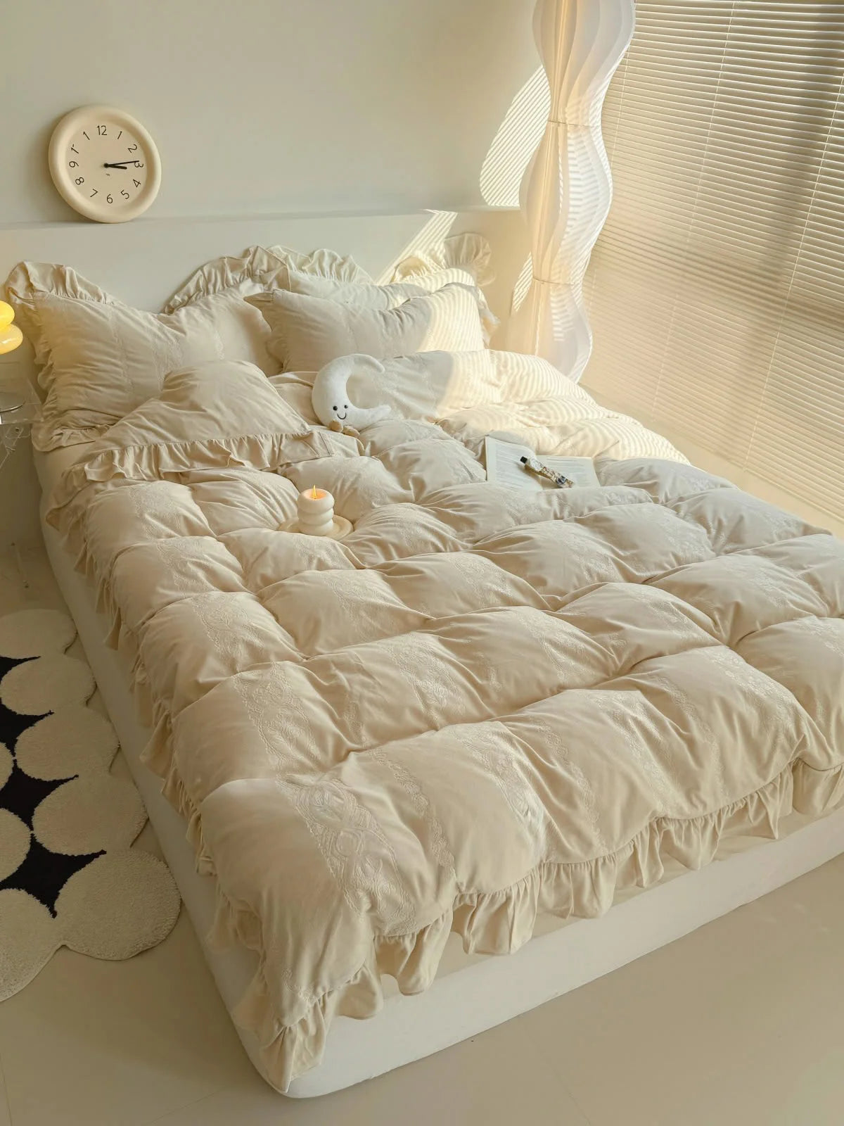 Wide shot of the elegant Creamy Beige Velvet Bedding Set creating a Hygge atmosphere. - RoomDen