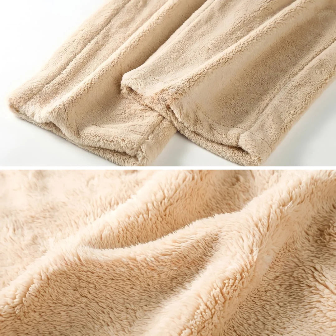 Close-up split view showing the texture and hem of the beige flannel fleece pajama set. - RoomDen