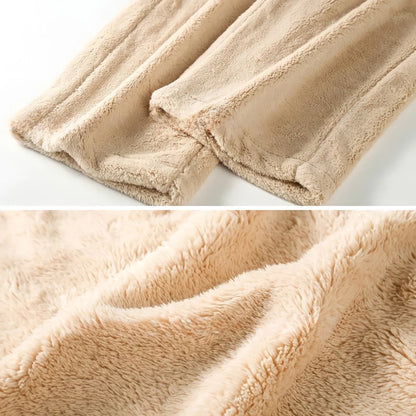 Close-up split view showing the texture and hem of the beige flannel fleece pajama set. - RoomDen