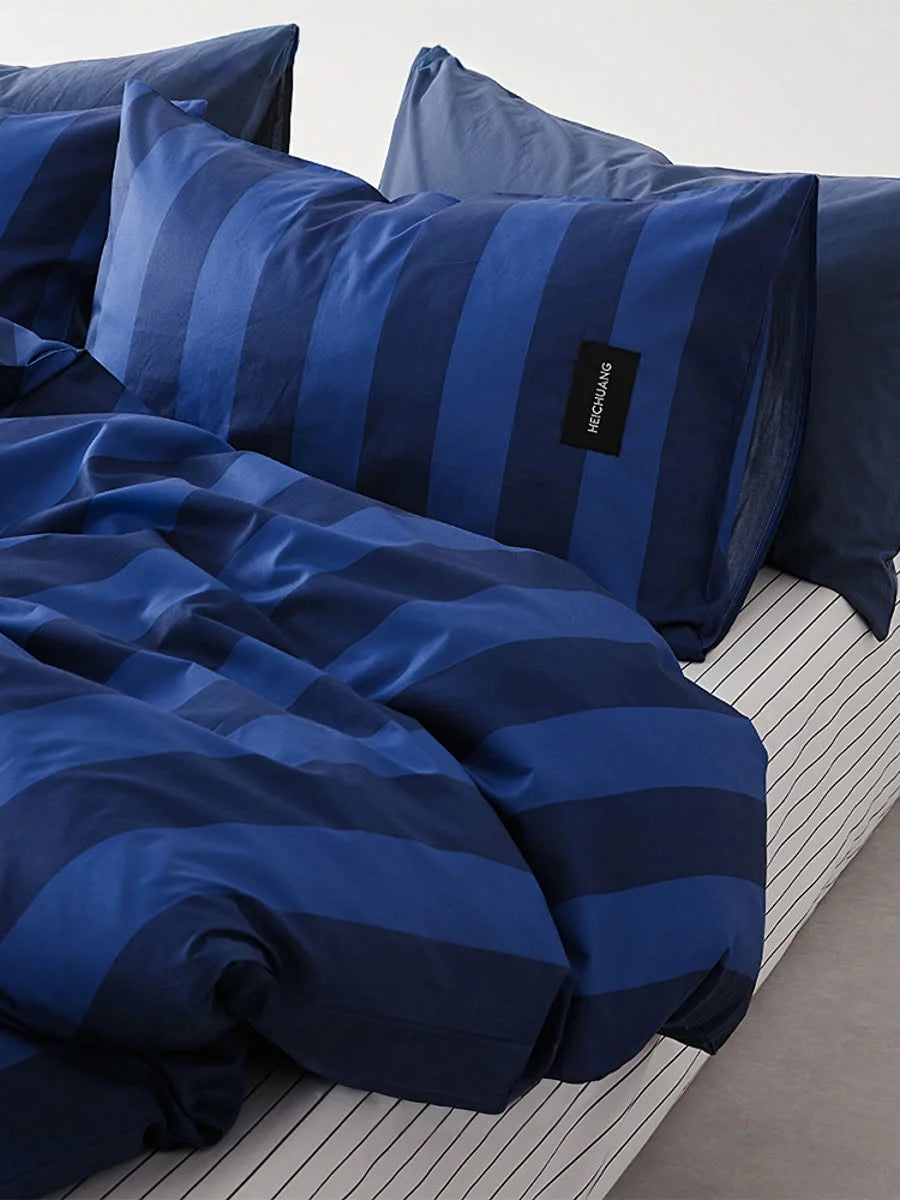 Overhead detail shot of Navy & Blue Striped washed cotton fabric - RoomDen