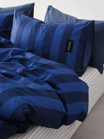 Overhead detail shot of Navy & Blue Striped washed cotton fabric - RoomDen