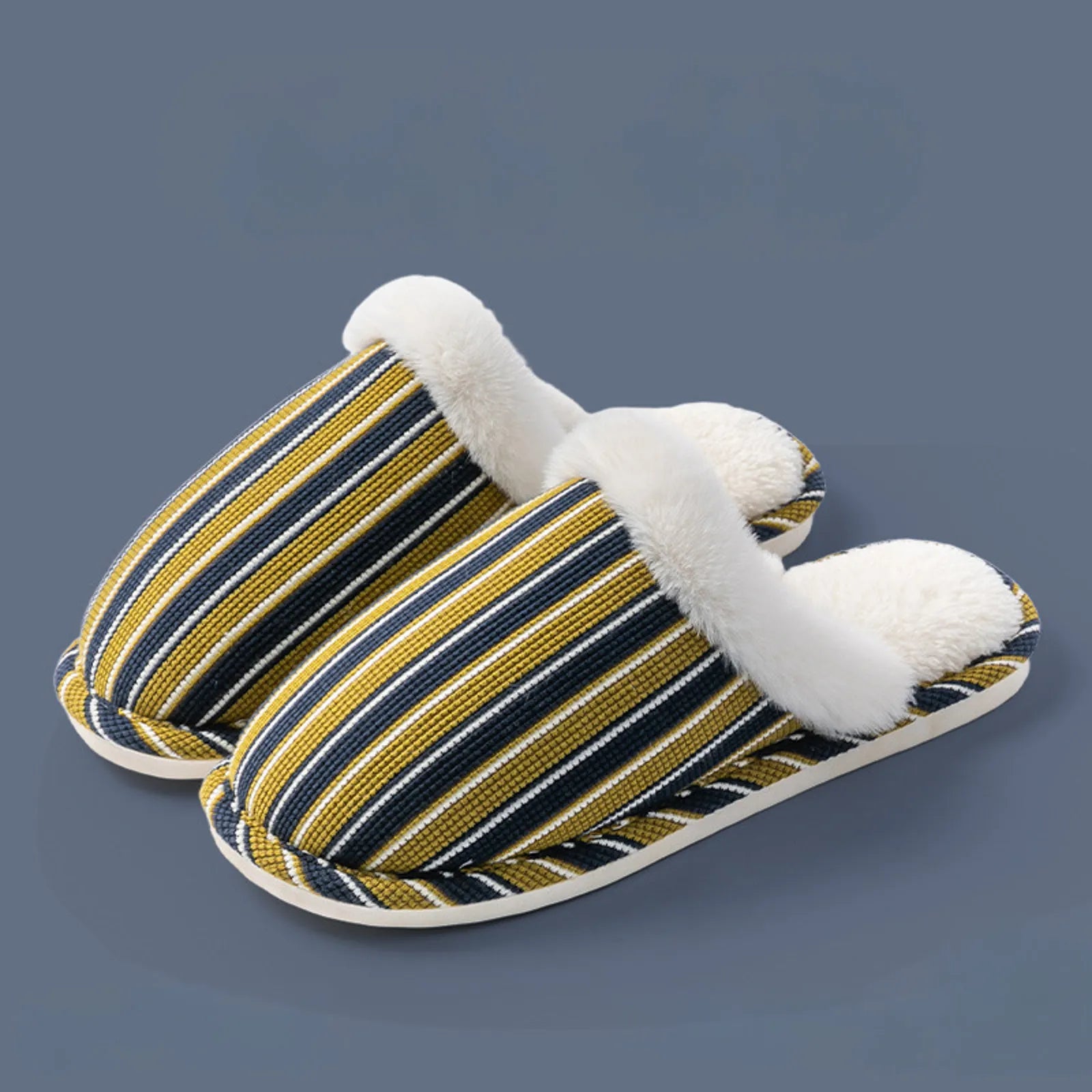Pair of Navy and Yellow striped corduroy slippers on blue background - RoomDen