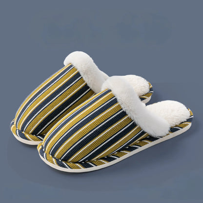Pair of Navy and Yellow striped corduroy slippers on blue background - RoomDen