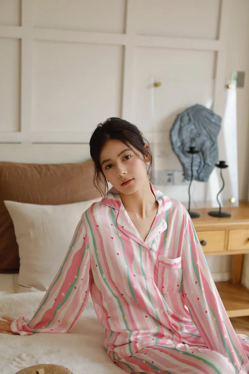 Pink Wavy Striped Heart Print Cotton Sateen Pajama Set - RoomDen