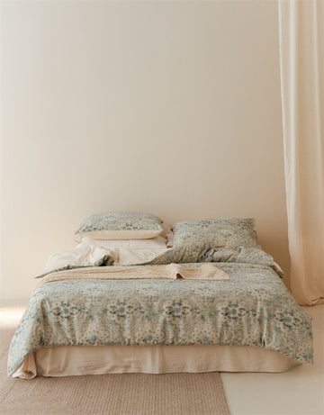 Stillgarden Blue Botanical Scroll Cotton Linen Bedding Set