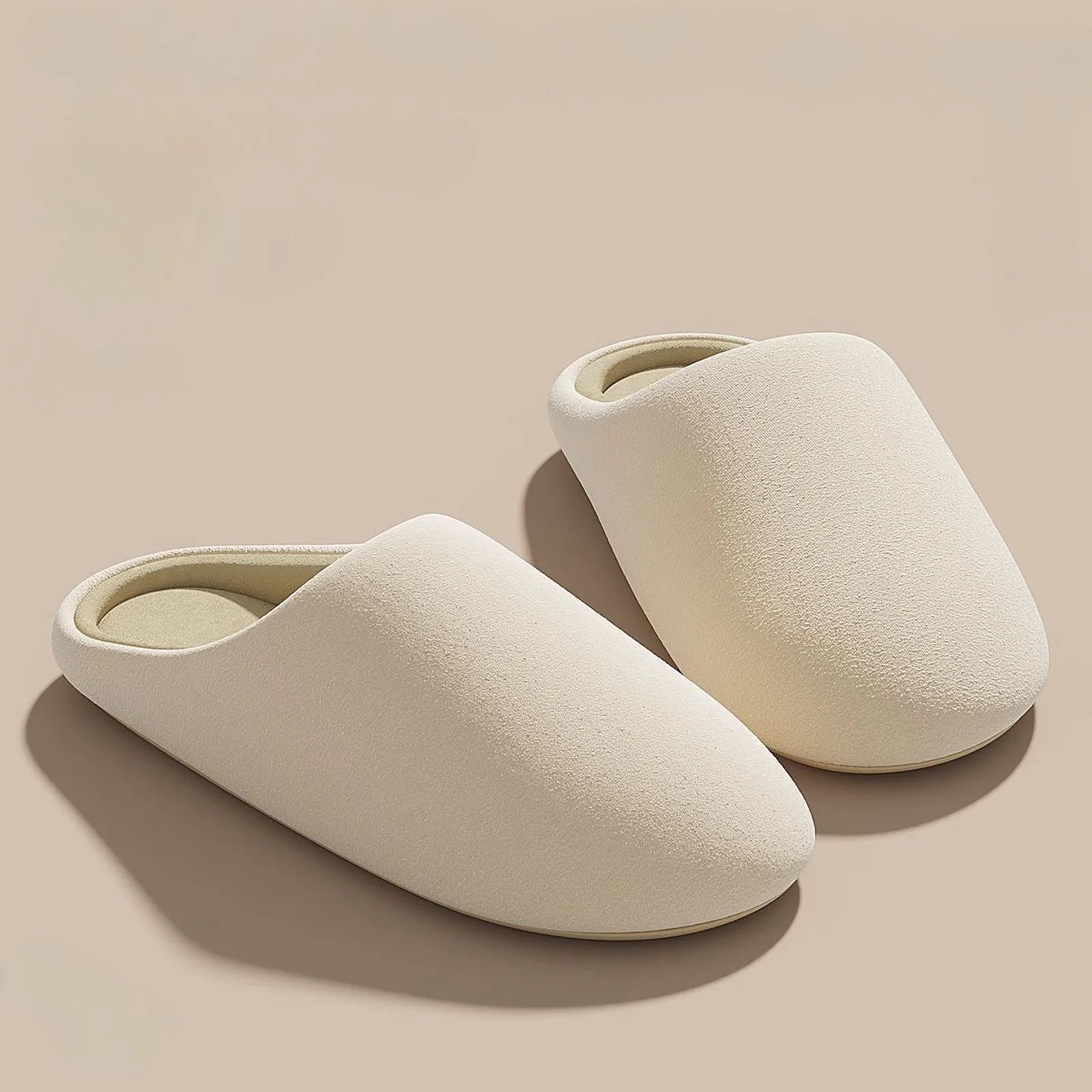 Beige minimalist cotton house slippers side profile close up - RoomDen
