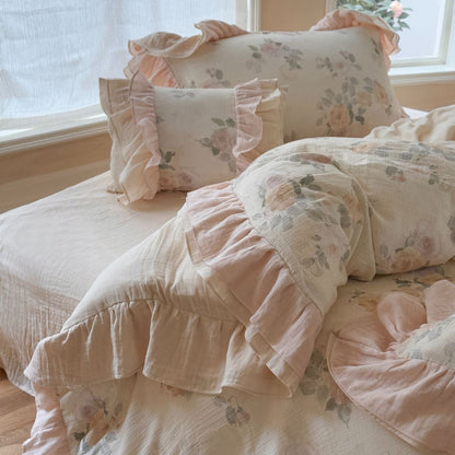 Solenne Ruffle Floral Double Gauze Bedding Set - Petal Cream
