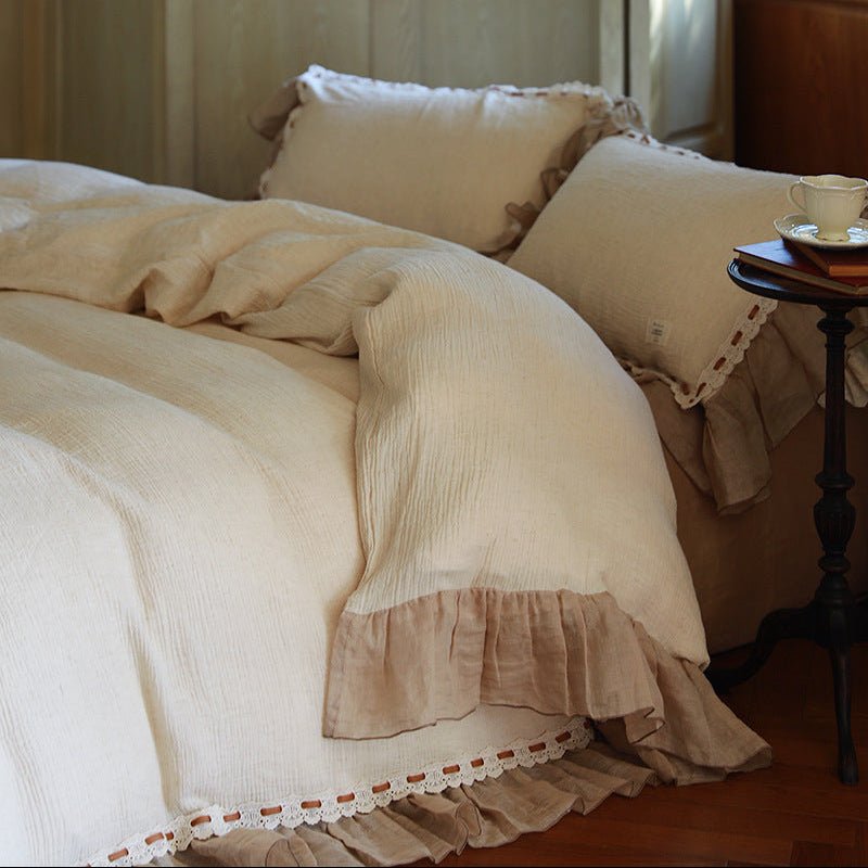 Elderfield Ruffle Lace Cotton-Linen Bedding Set – side view of cream bedding with contrasting gathered trim - Roomden