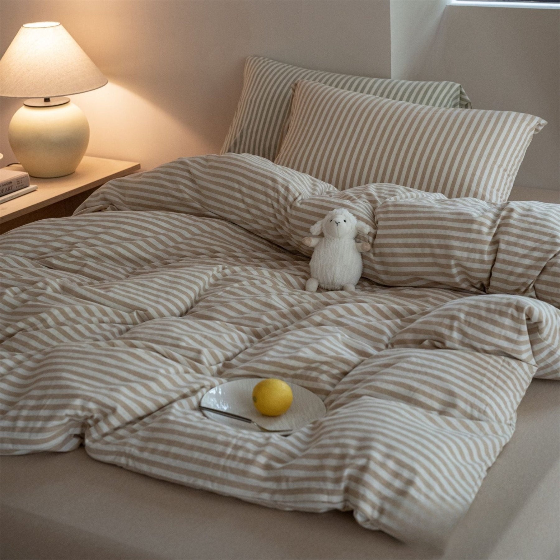 Larkden Striped Jersey Knit Cotton Bedding Set - Mocha Beige Stripe
