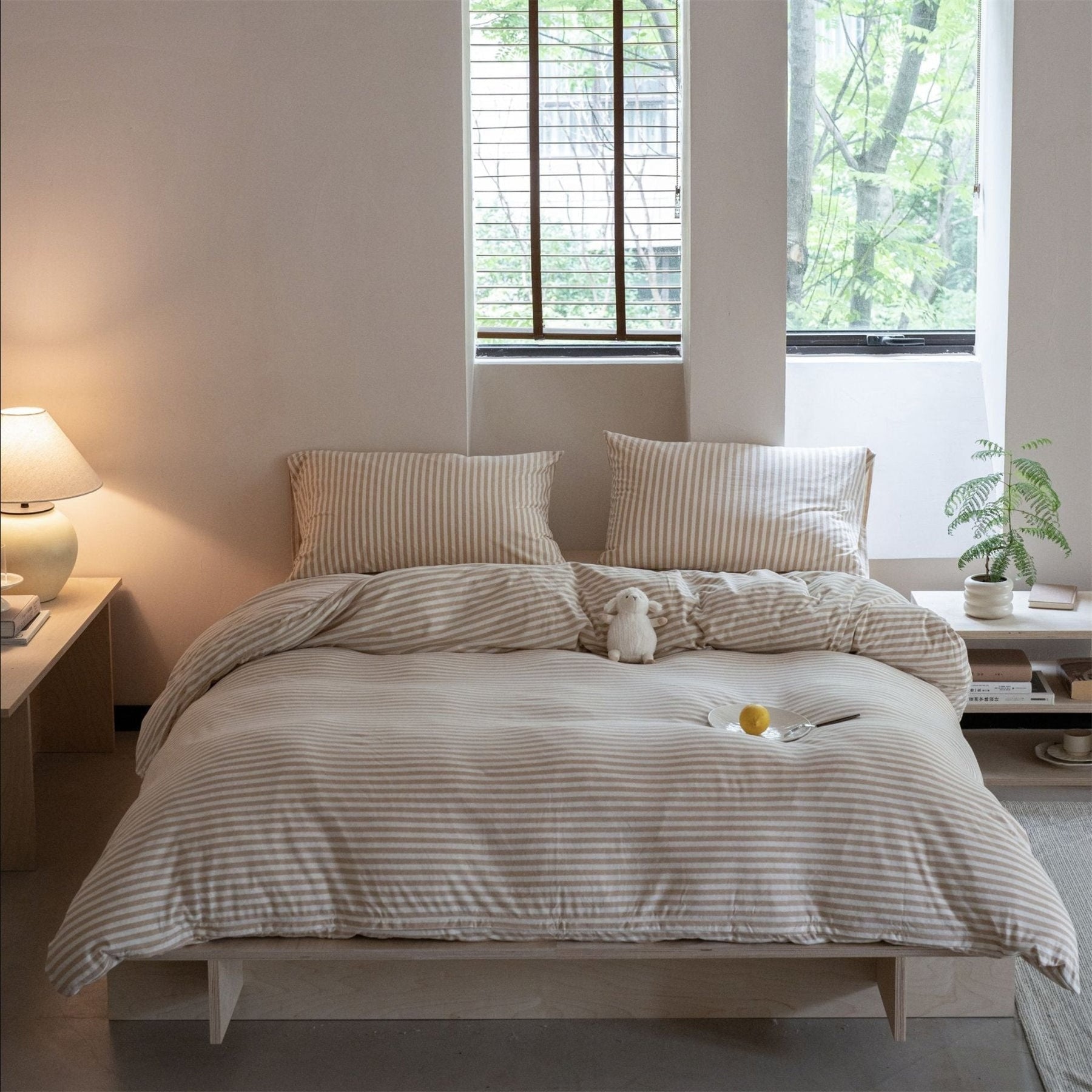 Larkden Striped Jersey Knit Cotton Bedding Set - Mocha Beige Stripe