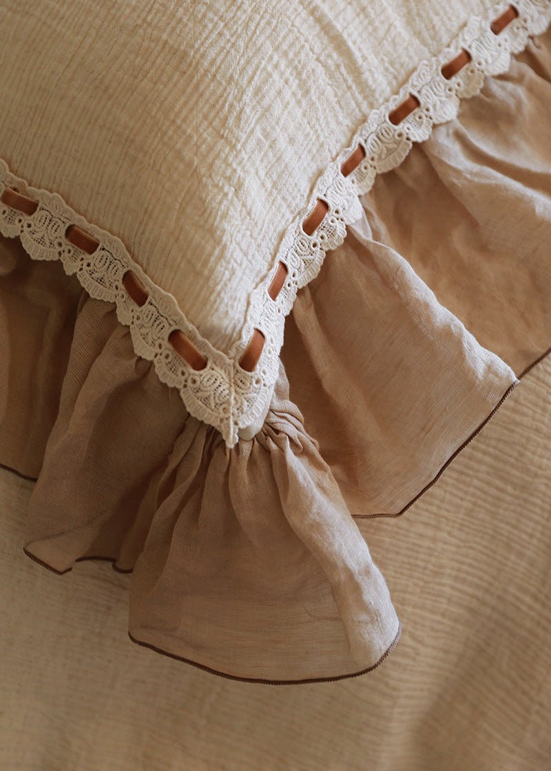 Elderfield Ruffle Lace Cotton-Linen Bedding Set – close detail of cream lace and taupe ruffles - Roomden