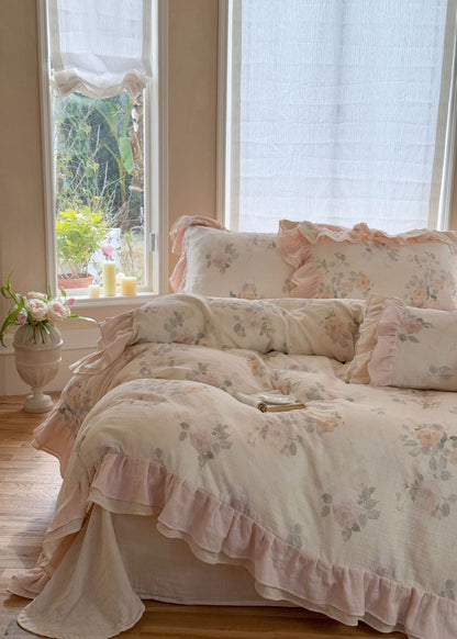 Solenne Ruffle Floral Double Gauze Bedding Set - room scene