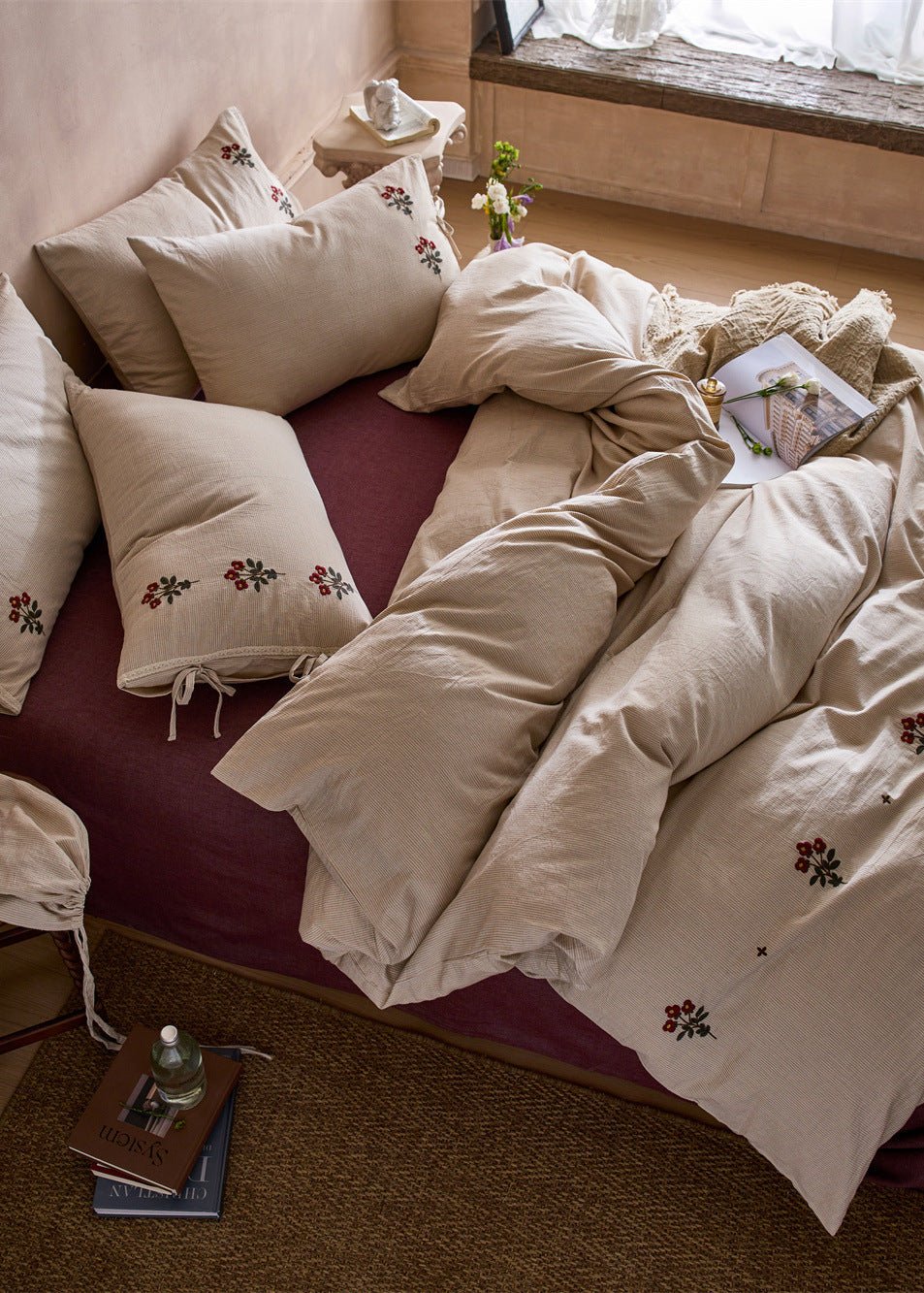 Verbena Embroidered Floral Cotton Bedding Set - room scene