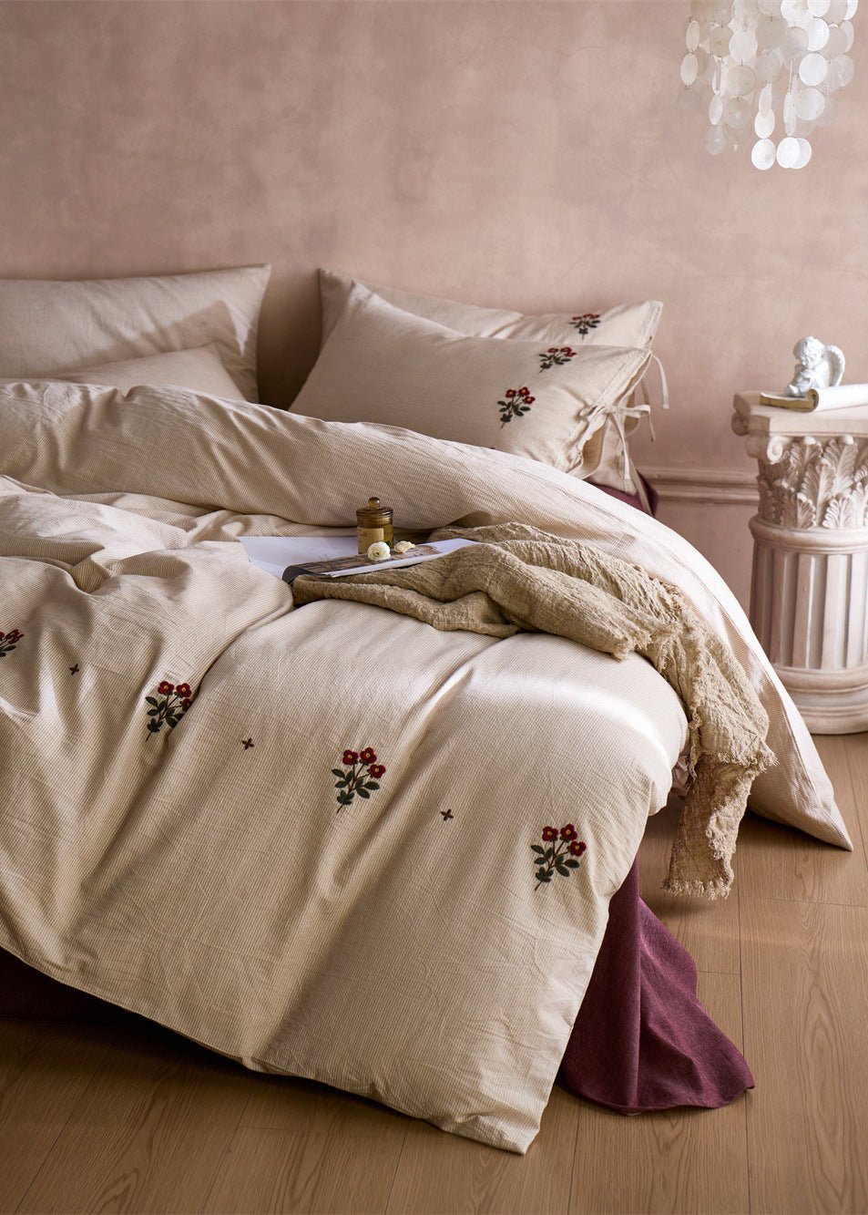 Verbena Embroidered Floral Cotton Bedding Set - room scene
