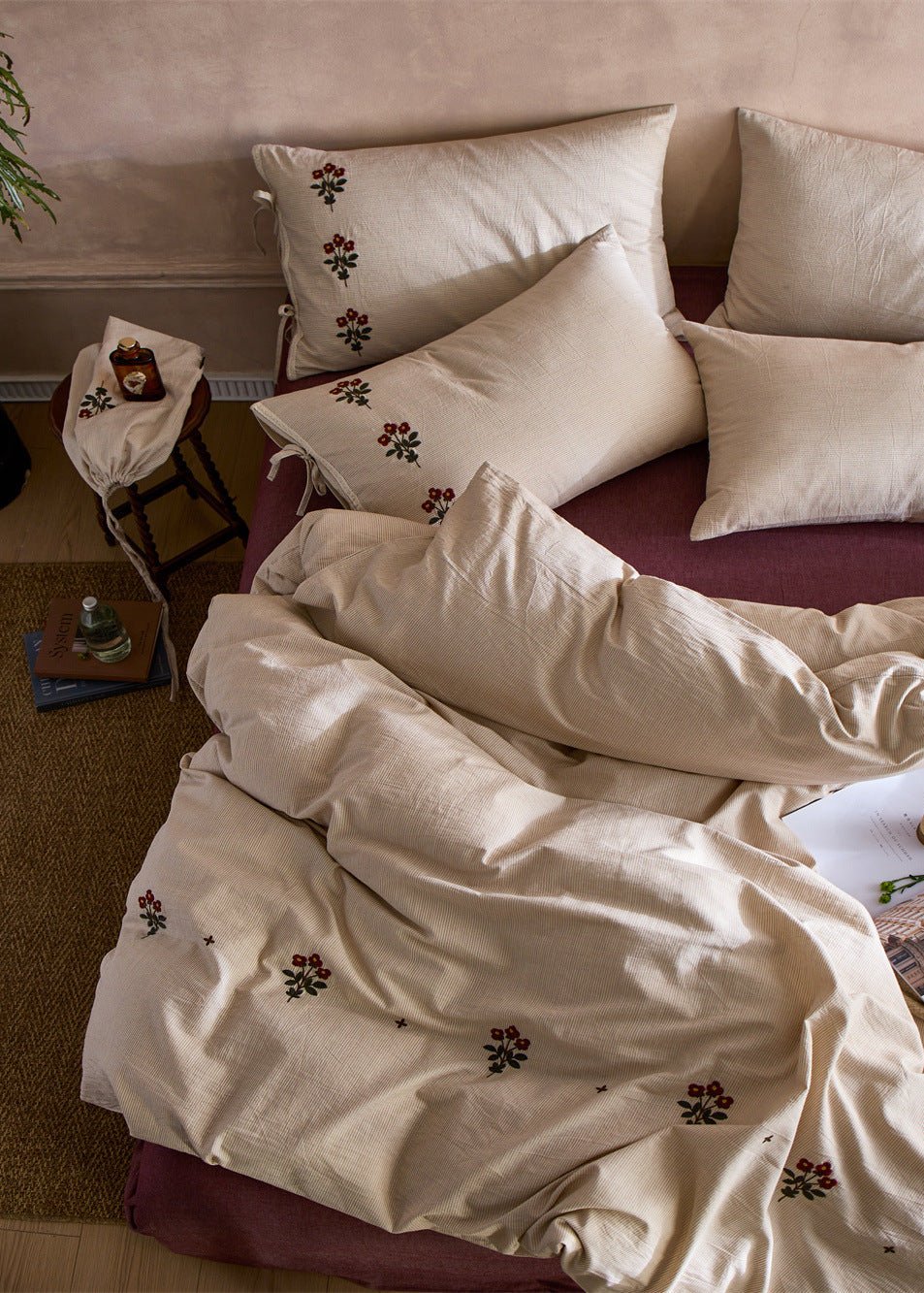 Verbena Embroidered Floral Cotton Bedding Set - room scene